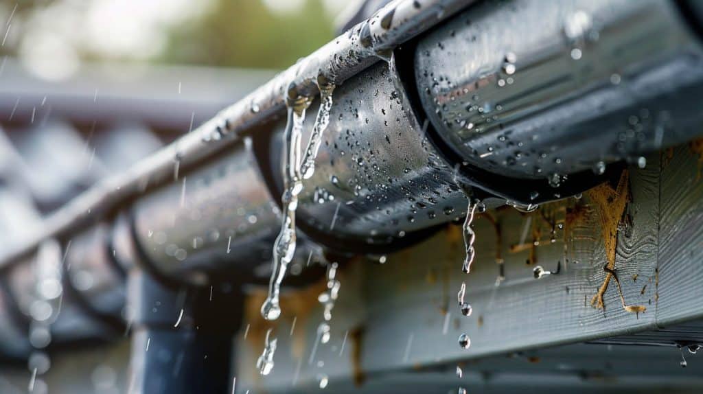 water dripping from black gutters