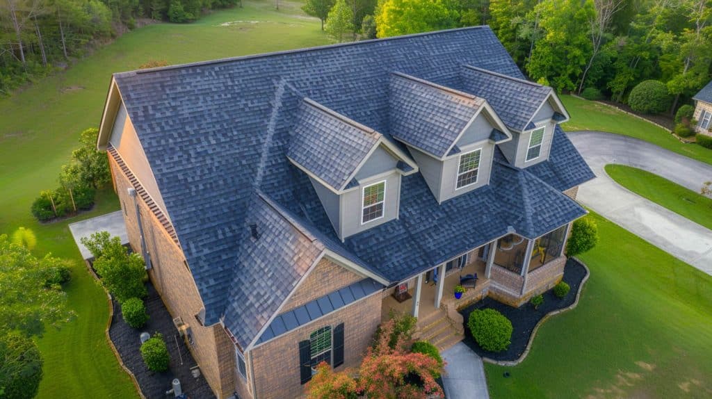 brick house, green grass, trees