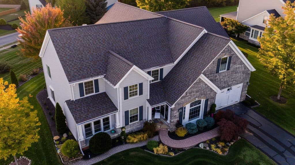drone view of a large home with asphalt shingles